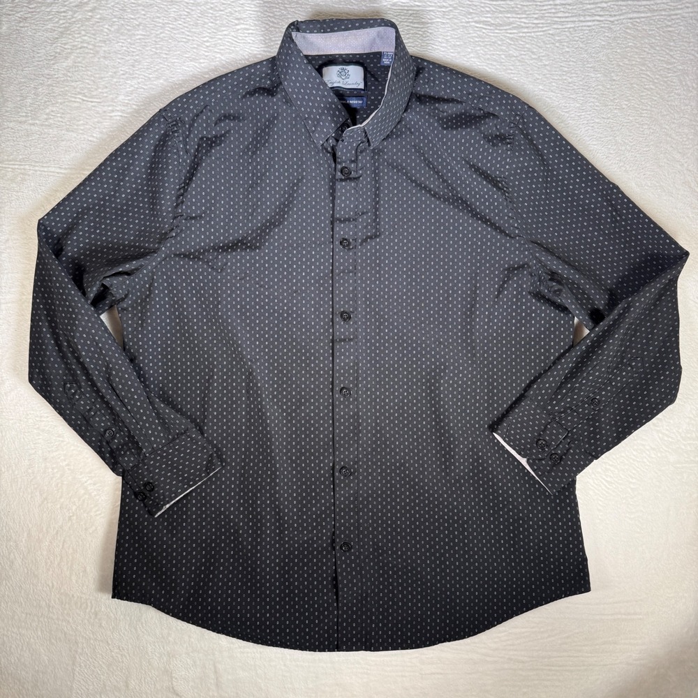 English‎ Laundry Mens XL 17-17..5 Slim Button Down Shirt Black Geometric Print